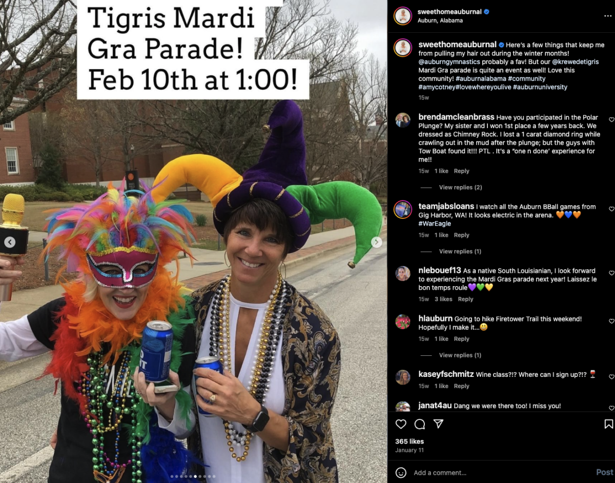 Screenshot of an Instagram post with two women wearing Mardi Gras attire and smiling with text overlay reading "Tigris Mardi Gra Parade! Feb 10th at 1:00!"